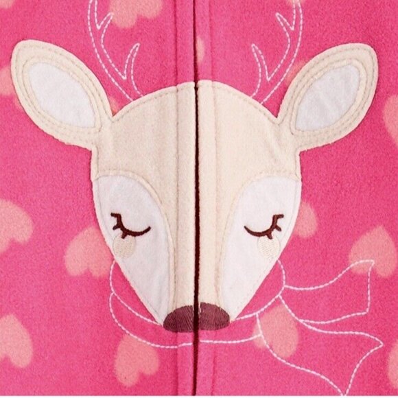 CARTER'S 5T Girls Pink One Piece Footed PJ Hearts Deer Microfleece LS NWT - Picture 2 of 2